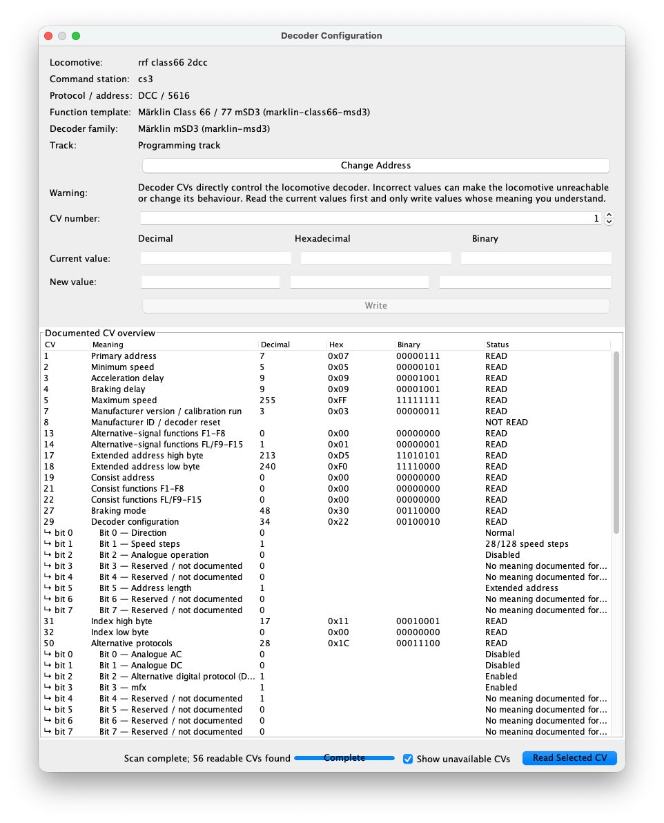 Configuración del decodificador tras un escaneo completo de CV DCC
